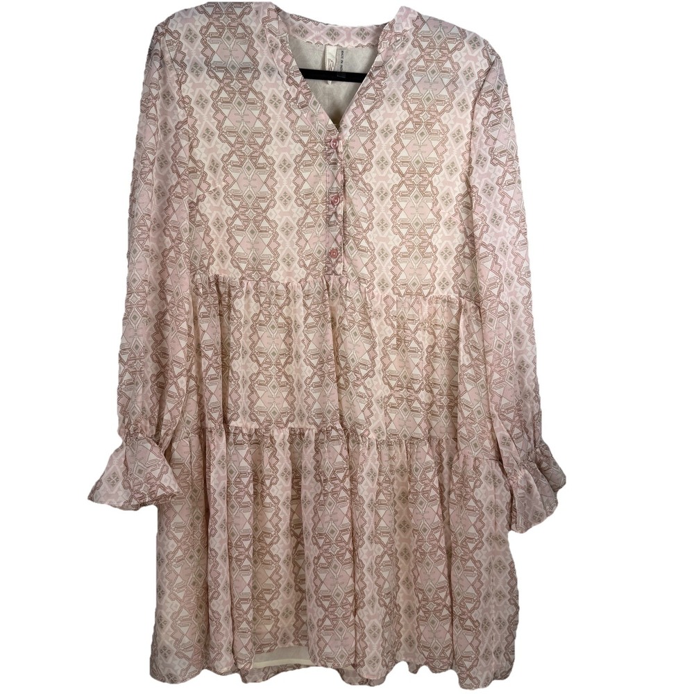 New Peach Aztec Print Elan Ashlee Dress Size Med Long‎ Sleeve Ruffle Peasant